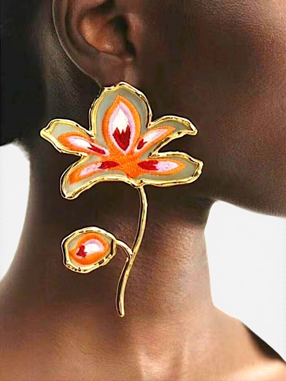 ZARA Embroidered Metal Statement Flower Maximalism Earrings